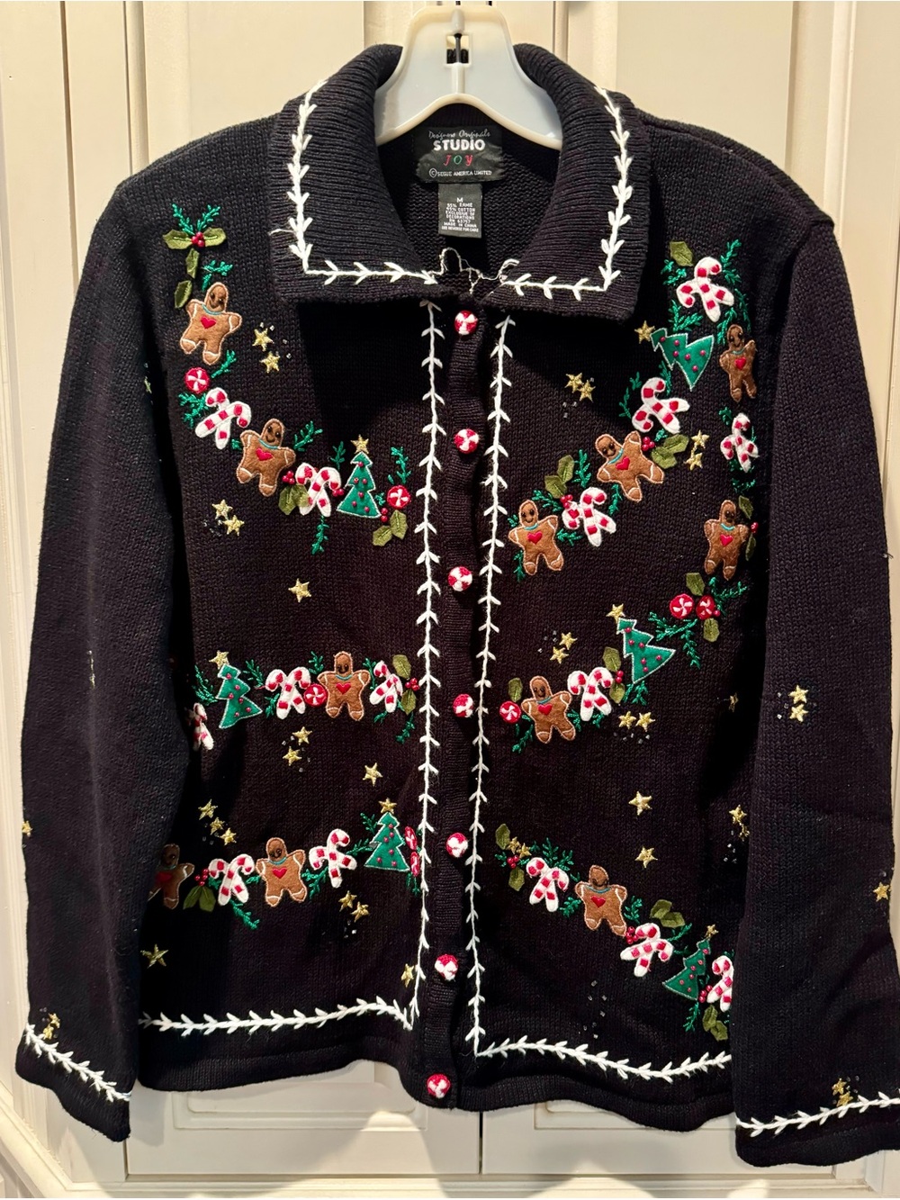 Women’s Studio Joy Festive Holiday Christmas Sweater - Gingerbread / Candy Canes